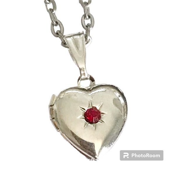 Vintage Silver Heart Locket Necklace Dainty Small Charm 18" Plated Red Stone - Picture 1 of 10